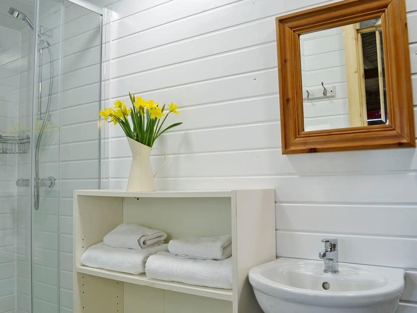 Contemporary shower room | Kestrel Cabin - Wallace Lane Farm Cottages, Brocklebank, near Caldbeck and Uldale