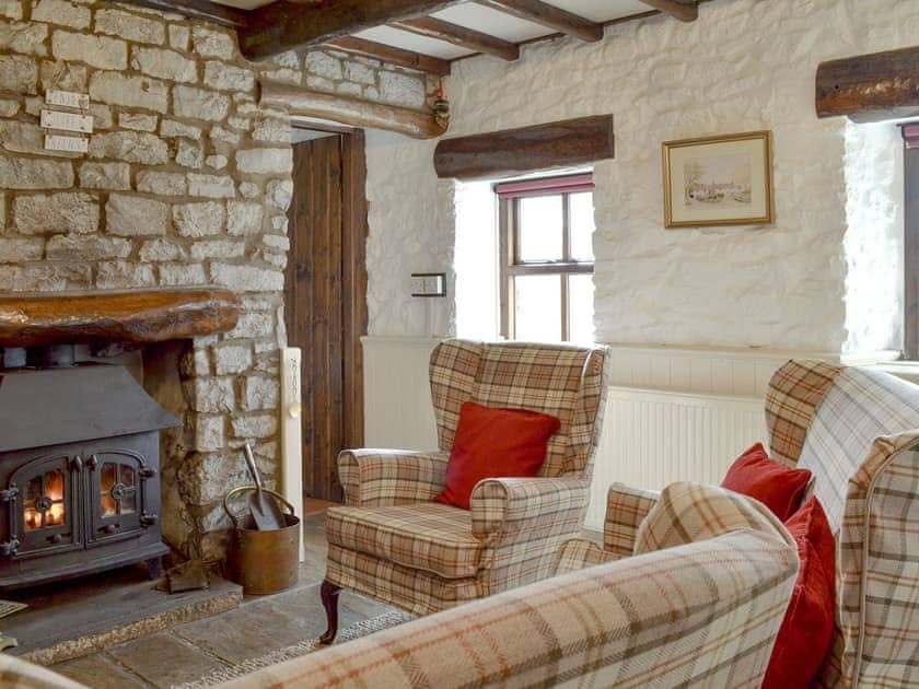 Comfy living room with cosy wood burner | Oxlow End Cottage, Peak Forest, nr. Buxton