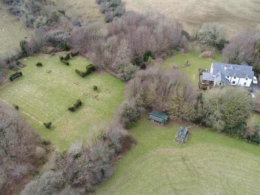 Aerial view of the grounds including the fun football pitch | Ty Gwyn, Llanbedrgoch, Anglesey