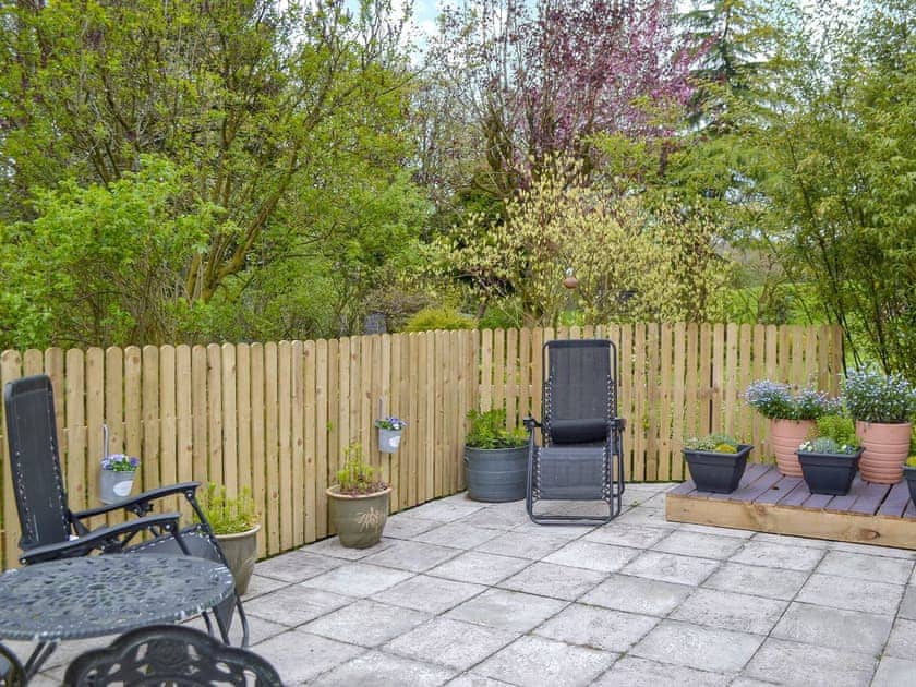 Spacious patio area | Damson Lodge, Bridgnorth, near Ludlow