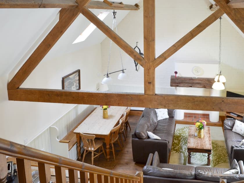 High ceilings in living area with exposed wooden trusses | River View - Struncheon Hill Farm, Brandesburton, near Bridlington