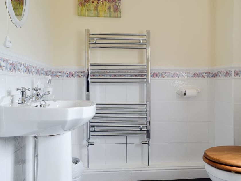 Family bathroom with heated towel rail | Green Lane Cottage, Aberhafesp, near Newtown