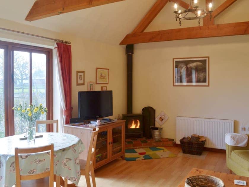 Lofty open plan living area with woodburning stove | Hog Pits - The Farm, East Tytherton, Chippenham