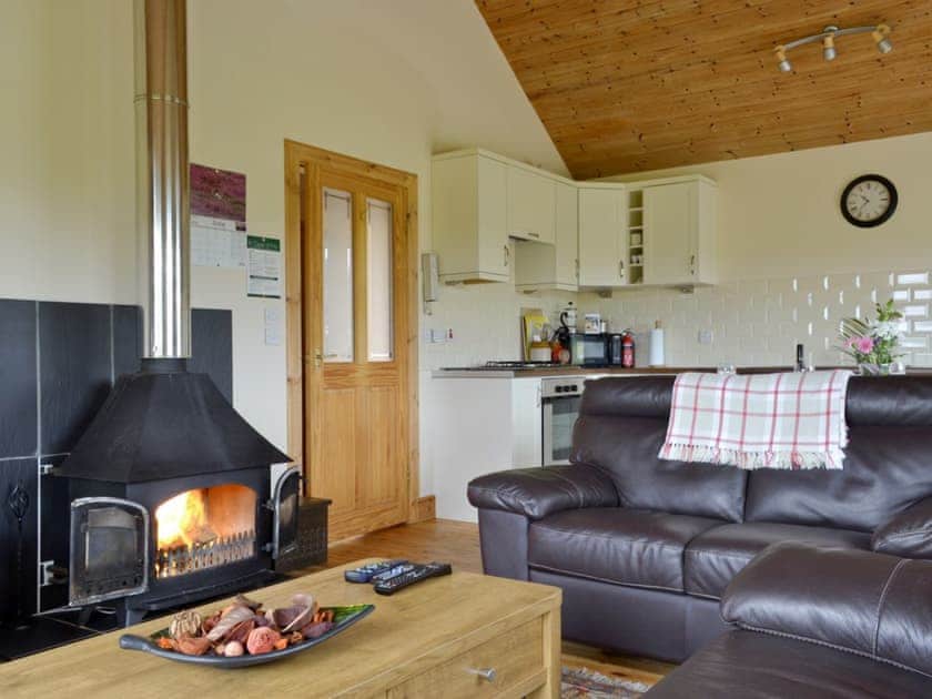 Open-plan living space with wood-burning fire | Riverview Cottage, Acharacle