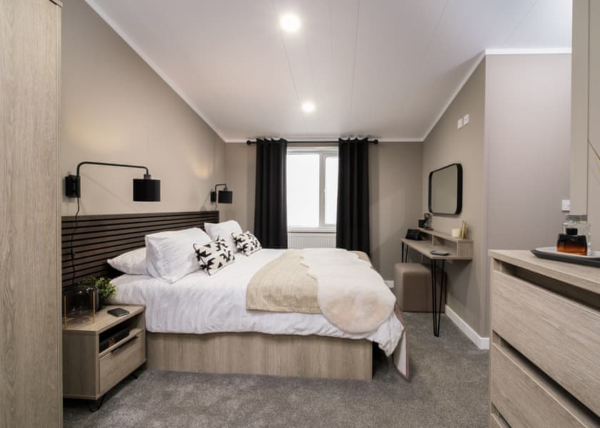 All imagery shown is a representation only. Style, decor and exact views vary by lodge | Valley Park View 3 bed with Hot Tub (sleeps 6) - Lakeview Manor Lodges, Dunkeswell, Honiton